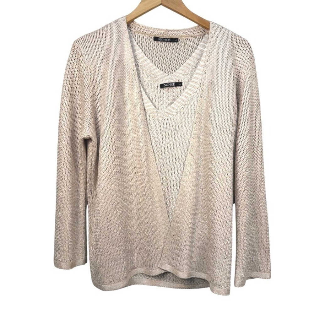 NIC+ZOE Knit Cardigan and Shell Set Neutral Open Knit Layering Sweater Large